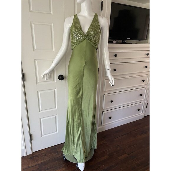 Vintage Silk Bias Cut 30’s Gown Mermaid Maxi Green Beads / Sequis Y2K Fairy XS-S - Picture 1 of 16